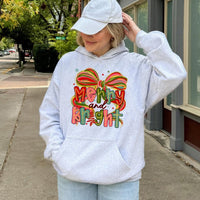 Christmas Bow Graphic Hoodie, Coquette Bow Merry and Bright Hoodie, Girly Pink Winter Aesthetic Sweatshirt, Trendy Holiday Pullover