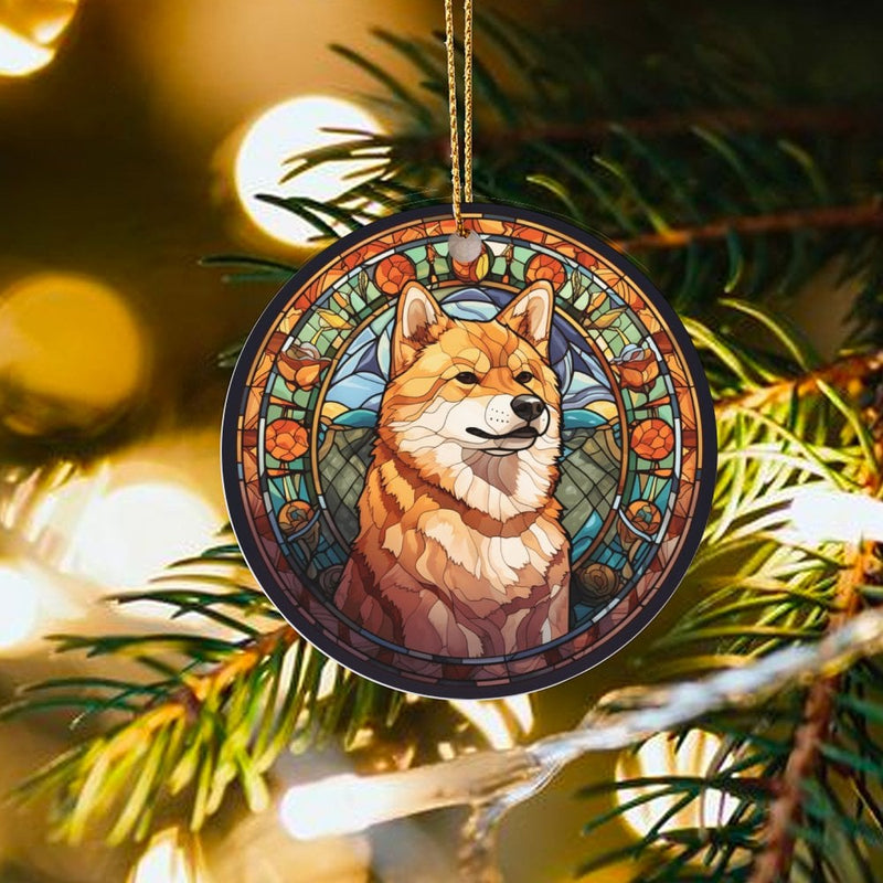 Japanese Dog Holiday Ornament, Stained Glass Shiba Inu Christmas Ornament, Colorful Puppy Ceramic Ornament, Pet Lover Keepsake Present