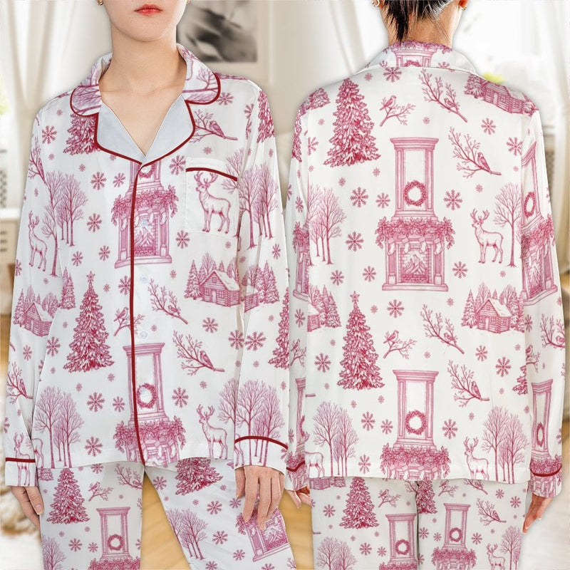 Pine Tree Holiday Satin Pajamas, Winter Deer Christmas Pajama Set, Festive Winter Pajamas, Comfy Christmas Loungewear, Holiday Present