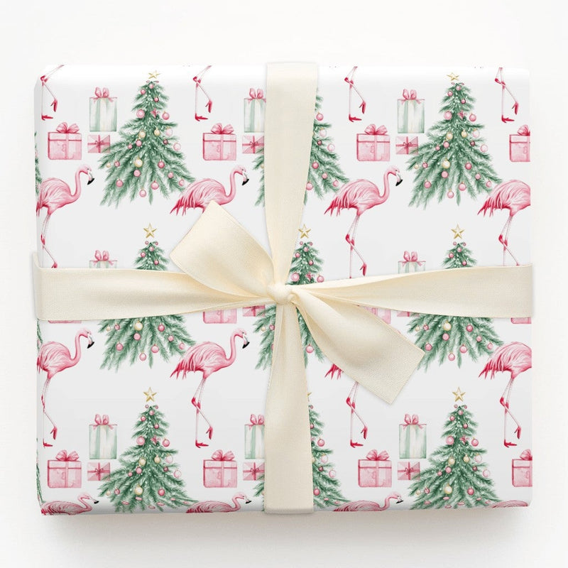 Tropical Holiday Gift Wrap, Pink Flamingo Christmas Wrapping Paper, Watercolor Flamingo Tree Wrapping Paper, Whimsical Christmas Gift Wrap