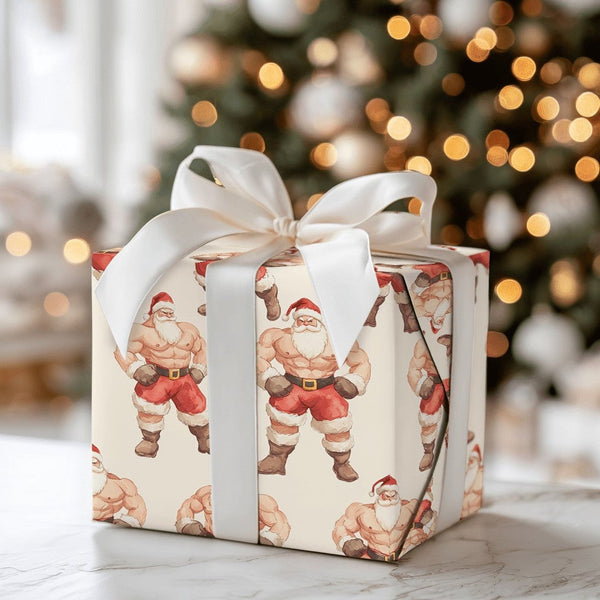 Muscular Bodybuilder Christmas Gift Wrap, Buff Santa Wrapping Paper, Humorous Gag Gift Wrapping Paper, White Elephant Paper R