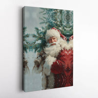 Snowy Christmas Tree Canvas Print, Vintage Santa Claus Canvas Wall Art, Retro Santa Wall Decor, Holiday Canvas, Christmas Present