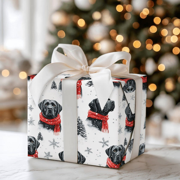 Red Scarf Dog Holiday Gift Wrap, Black Lab Christmas Wrapping Paper, Black Labrador Xmas Wrapping Paper, Puppy Lover Winter G