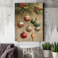 Holiday Baubles Holly Oil Painting Print, Vintage Christmas Ornaments Canvas Wall Art, Festive Winter Wall Decor, Digital Download Poster