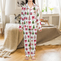 Christmas Tree Pajama Set, Vintage Santa Satin Pajamas, Holiday Bow Satin Pajamas, Festive Christmas Sleepwear Set, Womens Xmas Loungewear