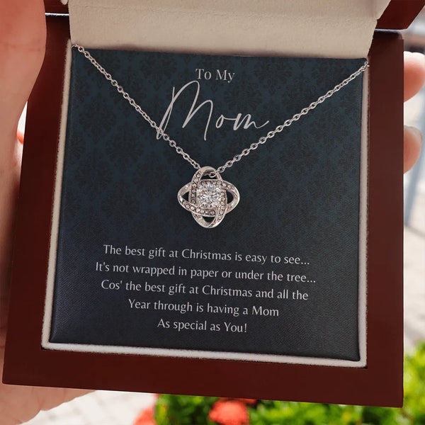 14k White Gold Mother Necklace, Love Knot Necklace for Mom, Sparkling Cubic Zirconia Pendant Necklace, Meaningful Christmas P