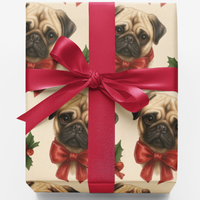 Santa Hat Holiday Dog Gift Wrap, Pug Christmas Wrapping Paper, Adorable Pug Puppy Present Wrap Roll, Humorous Pet Lover Xmas Wrapping Paper