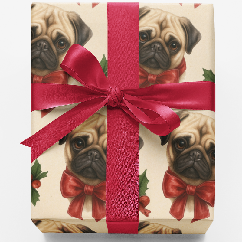 Santa Hat Holiday Dog Gift Wrap, Pug Christmas Wrapping Paper, Adorable Pug Puppy Present Wrap Roll, Humorous Pet Lover Xmas Wrapping Paper
