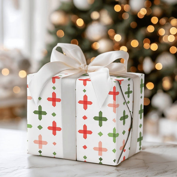 Red Green Plus Sign Gift Wrap, Geometric Christmas Wrapping Paper, Modern Holiday Wrapping Paper, Minimalist Festive Gift Wra