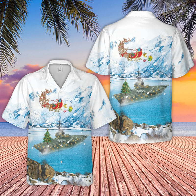 Santa Claus Christmas Hawaiian Shirt, Aircraft Carrier Hawaiian Shirt, Military Naval Aloha Shirt, Holiday Veteran Hawaiian Shirt Present