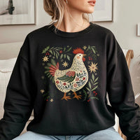 Folk Art Rooster Graphic Holiday Sweater, Christmas Chicken Sweatshirt, Comfy Country Farmhouse Crewneck, Winter Farmer Pullover