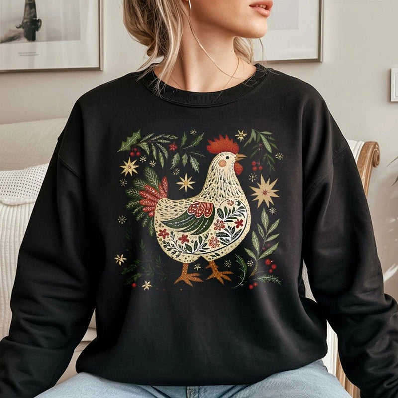 Folk Art Rooster Graphic Holiday Sweater, Christmas Chicken Sweatshirt, Comfy Country Farmhouse Crewneck, Winter Farmer Pullover
