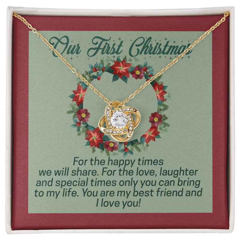 18k Yellow Gold Finish Pendant Necklace, Our First Christmas Love Knot Necklace, Cubic Zirconia Knot Necklace, Holiday Present for Wife