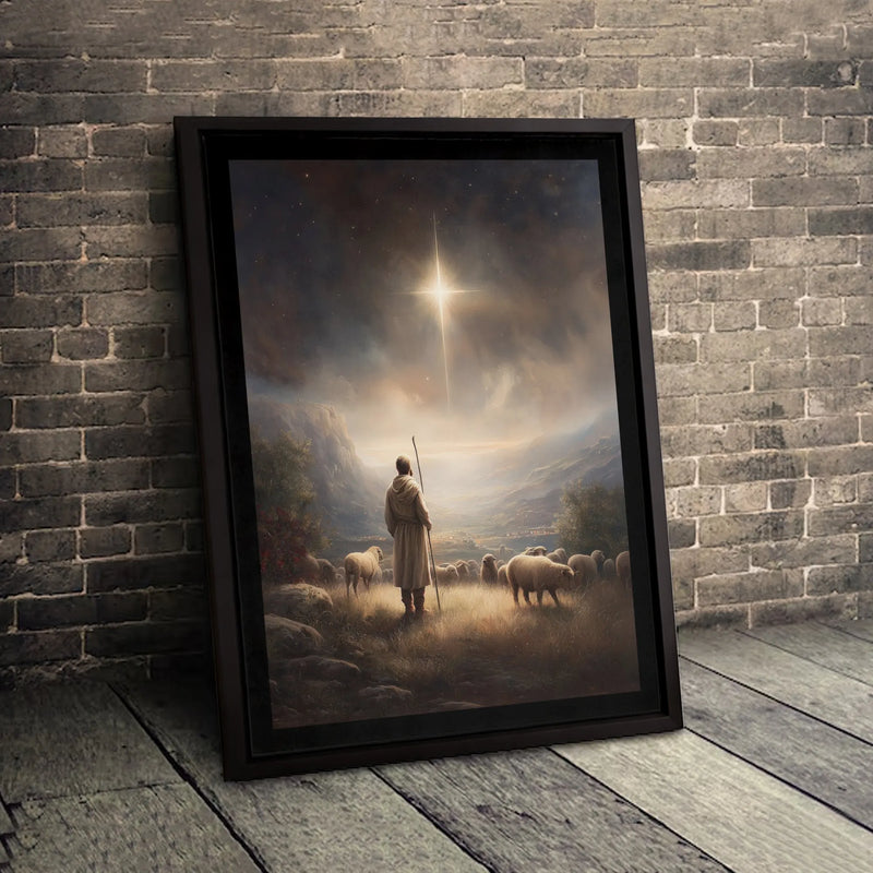 Holy Night Christian Canvas Wall Art, Nativity Shepherd Under Star of Bethlehem Canvas Print, Religious Christmas Manger Wall Decor Present