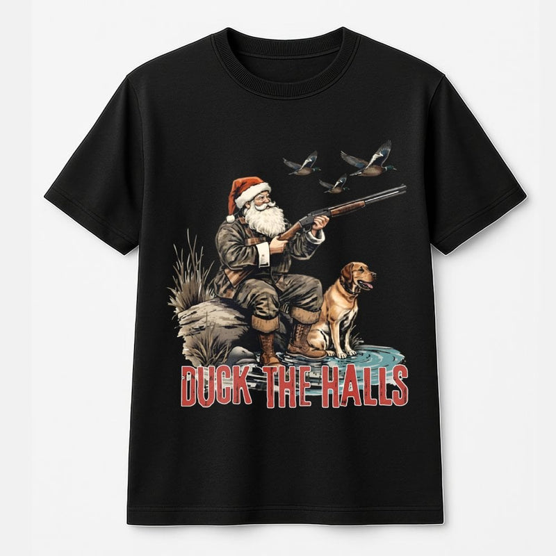 Humorous Santa Claus Duck Hunter Tee, Duck the Halls Hunting T-Shirt, Christmas Waterfowl Graphic Shirt, Outdoorsman Holiday Hunting T-Shirt