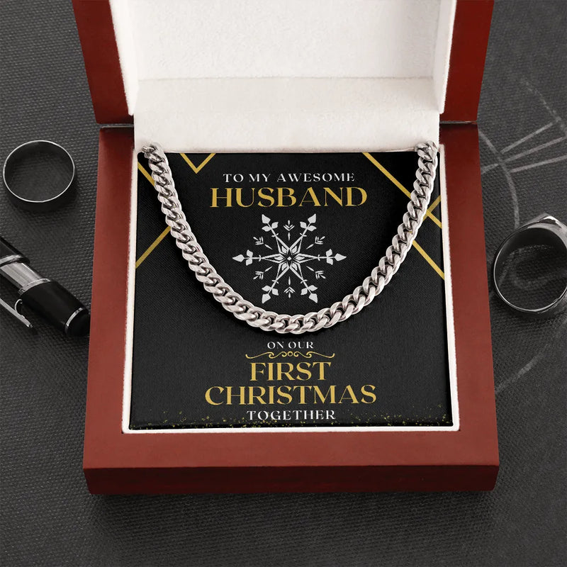 First Christmas Cuban Link Necklace, Husband Cuban Link Chain Necklace, Stainless Steel Mens Chain Necklace, Romantic Holiday Present for Him