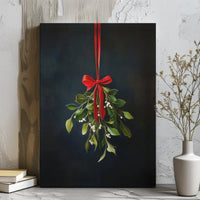 Hanging Mistletoe with Red Ribbon Canvas Print, Mistletoe Canvas Wall Art, Minimalist Holiday Canvas, Christmas Botanical Wall Decor