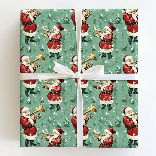 Musical Christmas Gift Wrap, Vintage Santa Band Wrapping Paper, Brass Trumpet Holiday Present Paper, Sage Green Xmas Gift Wra