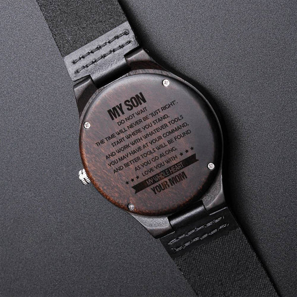 Sandalwood Leather Strap Watch, Mom to Son Engraved Wooden Watch, Japanese Quartz Timepiece, Son Birthday Christmas Keepsake 
