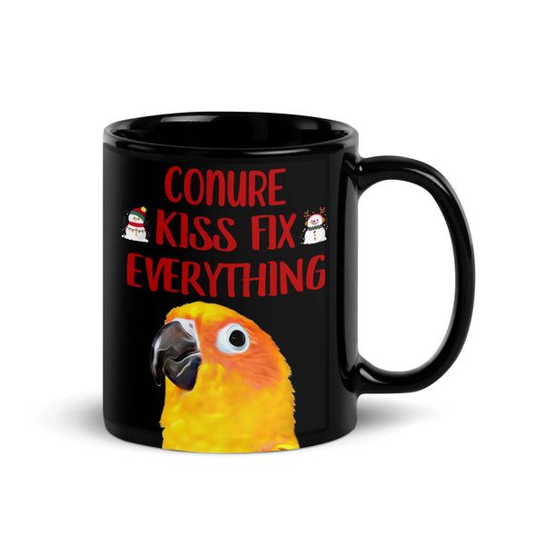 Adorable Christmas Parrot Coffee Cup, Sun Conure Kisses Fix Everything Ceramic Mug, Bird Mom Bird Dad Mug, Tropical Pet Bird 
