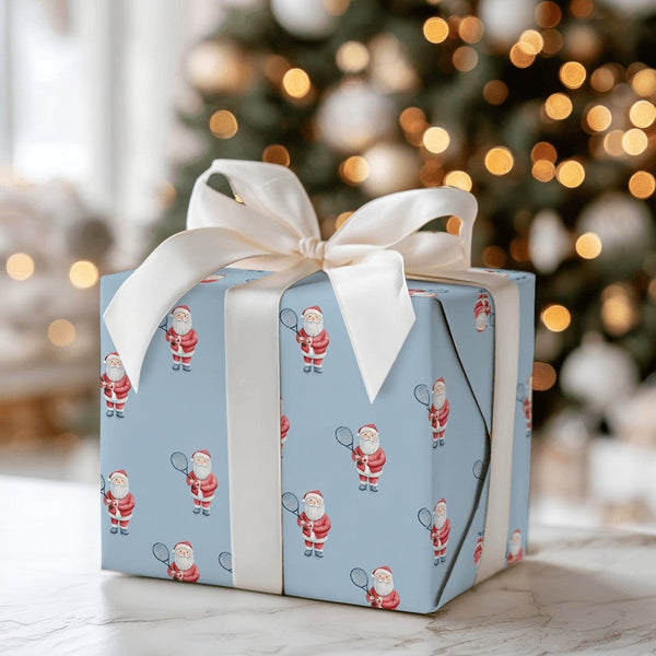 Sporty Santa Claus Gift Wrap, Tennis Santa Christmas Wrapping Paper, Light Blue Tennis Wrapping Paper, Tennis Fan Holiday Wra