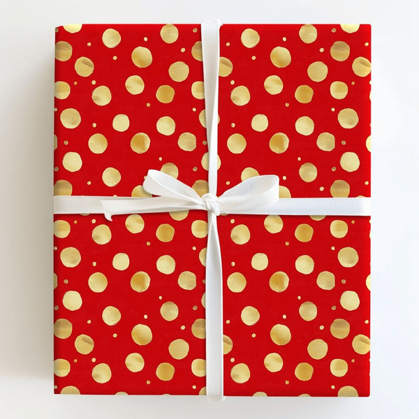 Metallic Dot Holiday Gift Wrap, Red and Gold Polka Dot Wrapping Paper, Festive Christmas Wrapping Paper Roll, Elegant Birthda