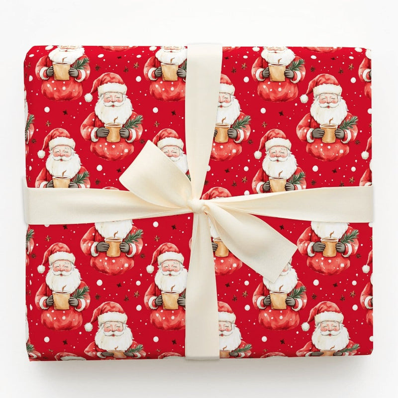 Red Cocoa Santa Claus Gift Wrap, Adorable Santa Christmas Wrapping Paper, Snowflake Holiday Wrapping Paper, Retro Xmas Gift Wrapping Paper Roll