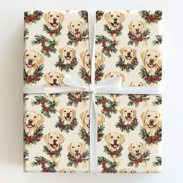 Watercolor Dog Wreath Gift Wrap, Yellow Lab Christmas Wrapping Paper, Yellow Labrador Holiday Wrapping Paper, Dog Lover Xmas 