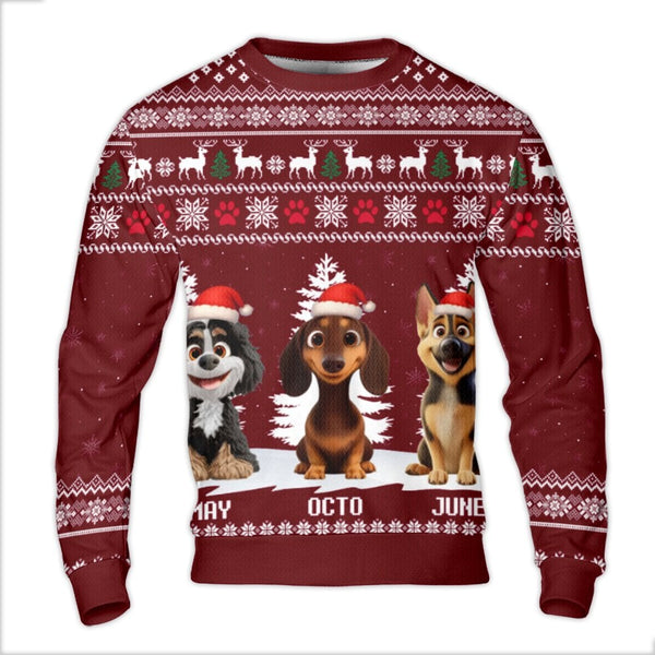 Cartoon Dog Christmas Sweater, Three Puppies Santa Hat Ugly Sweater, Adorable Puppy Holiday Sweatshirt, Dog Lover Xmas Pullov