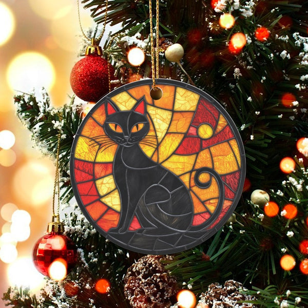 Faux Glass Cat Christmas Ornament, Stained Glass Black Cat Ornament, Ceramic Black Cat Tree Ornament, Holiday Keepsake Presen