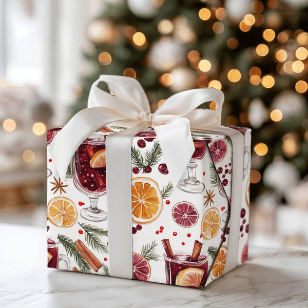 Watercolor Holiday Drink Gift Wrap, Mulled Wine Christmas Wrapping Paper, Festive Winter Wrapping Paper, Comfy Xmas Beverage 
