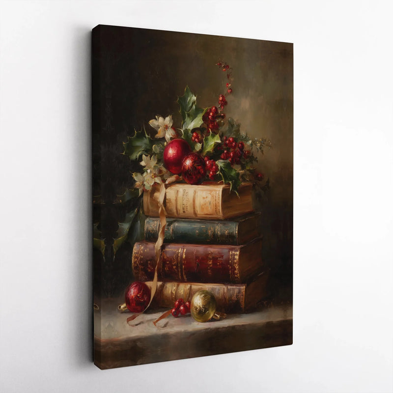 Holly Berries Ornament Canvas Print, Vintage Christmas Book Canvas Wall Art, Holiday Still Life Canvas Art, Seasonal Decor Digital Download