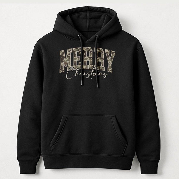 Varsity Letter Holiday Hoodie, Merry Christmas Camo Hoodie, Camouflage Xmas Sweatshirt, Casual Winter Camo Hoodie, Holiday Pr