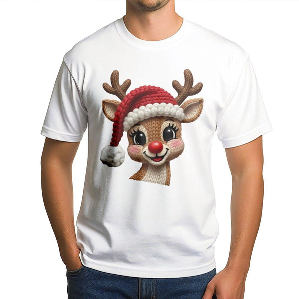 Red Nose Deer Faux Knit Holiday Tee, Reindeer Christmas T-Shirt, Adorable Festive Xmas Graphic Shirt, Holiday Season Family O