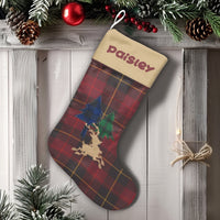Red Plaid Pine Tree Holiday Stocking, Personalized Reindeer Christmas Stocking, Rustic Winter Fireplace Stocking, Family Mantle Decor Present