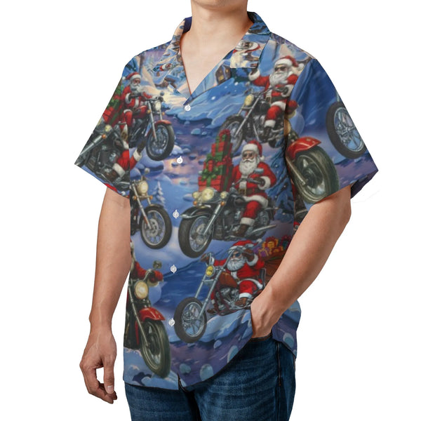 Motorcycle Santa Aloha Shirt, Santa Biker Hawaiian Shirt, Festive Christmas Button Up Shirt, Holiday Rider Tropical Short Sle