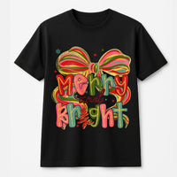 Preppy Coquette Christmas Shirt, Merry and Bright Christmas T-Shirt, Retro Holiday Graphic Tee, Adorable Festive Christmas T-Shirt, Present for Her