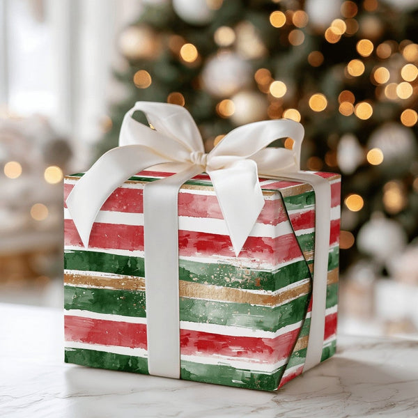 Red Green Gold Gift Wrap, Watercolor Stripe Wrapping Paper, Artistic Brushstroke Wrapping Paper, Festive Christmas Holiday Wr