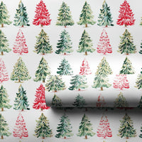 Red and Pink Holiday Gift Wrap, Watercolor Christmas Tree Wrapping Paper, Artistic Winter Tree Wrapping Paper, Festive Xmas Wrapping Paper