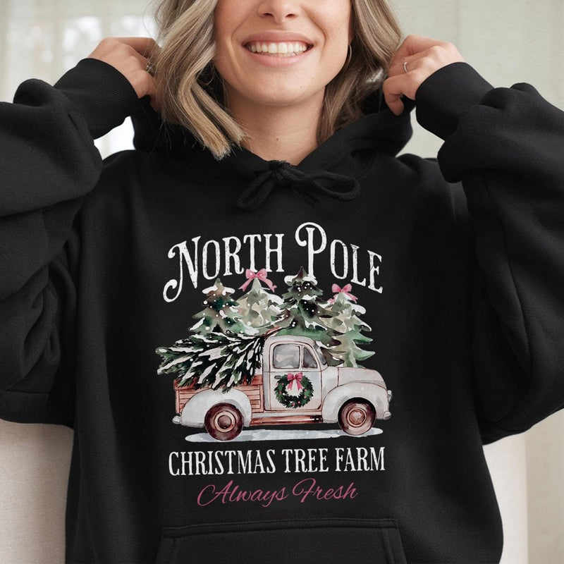 Vintage Rustic Truck Holiday Sweatshirt, North Pole Christmas Tree Farm Hoodie, Comfy Winter Xmas Pullover, Family Holiday Present