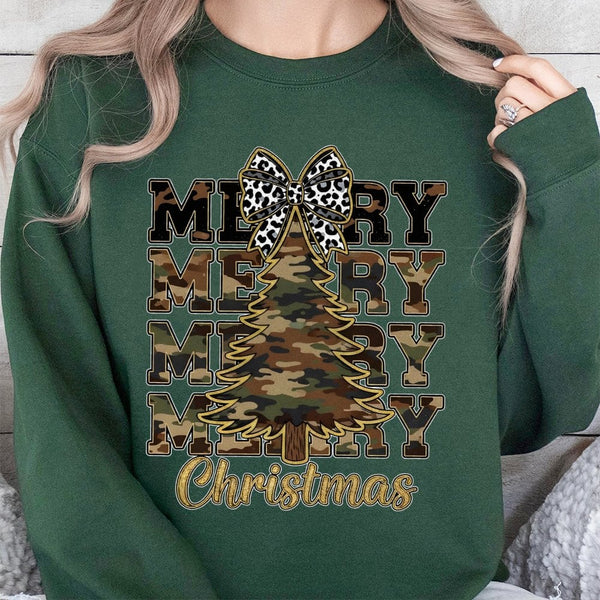 Leopard Bow Holiday Sweater, Camo Christmas Tree Sweatshirt, Rustic Country Xmas Crewneck, Winter Graphic Pullover, Christmas