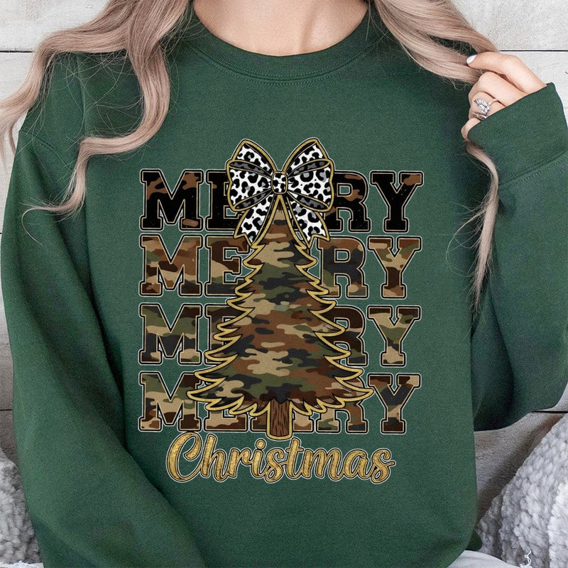 Leopard Bow Holiday Sweater, Camo Christmas Tree Sweatshirt, Rustic Country Xmas Crewneck, Winter Graphic Pullover, Christmas Present for Her