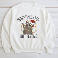 Humorous Xmas Raccoon Sweater, Overstimulated but Festive Raccoon Sweatshirt, Adorable Christmas Lights Crewneck, Ugly Holiday Party Sweater