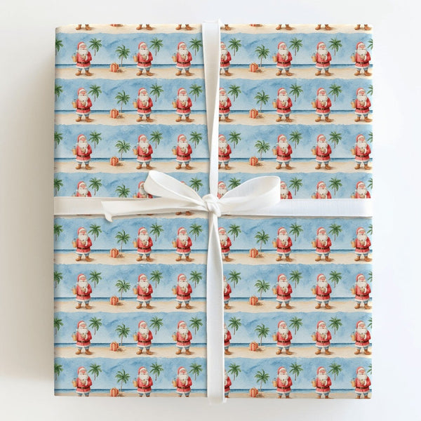 Beach Christmas Gift Wrap, Tropical Santa Wrapping Paper, Watercolor Coastal Santa Wrapping Paper, Palm Tree Holiday Gift Wra