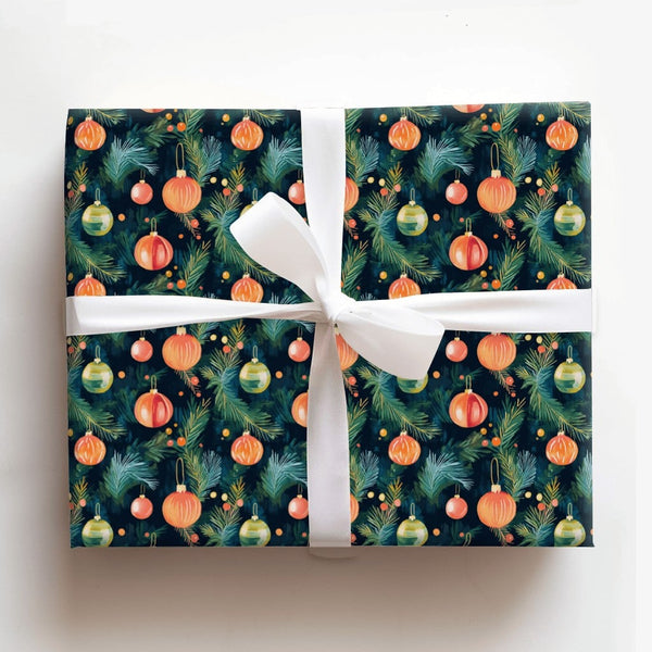 Pine Branch Holiday Gift Wrap, Watercolor Ornament Christmas Wrapping Paper, Dark Green Xmas Wrapping Paper, Festive Winter G