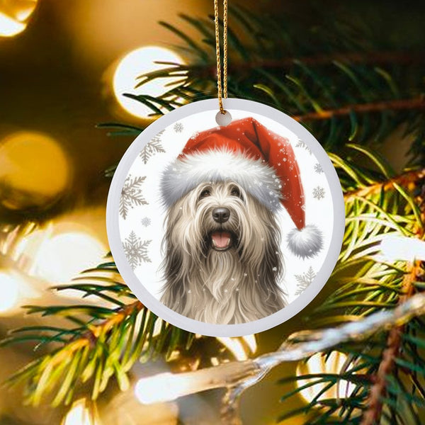 Santa Hat Briard Ornament, Briard Dog Christmas Ornament, Adorable Pet Holiday Ceramic Ornament, Winter Puppy Tree Decor, Dog
