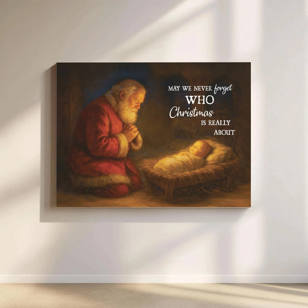 Religious Christmas Wall Art, Santa Kneeling at Manger Canvas, Nativity Scene Canvas Print, Christian Holiday Wall Decor