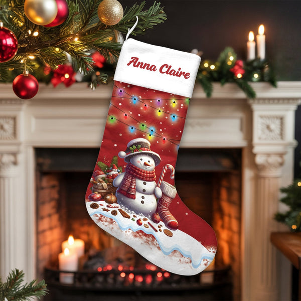 Adorable Holiday Lights Christmas Stocking, Personalized Snowman Christmas Stocking, Custom Name Winter Holiday Stocking, Fam