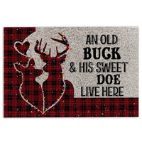 Buffalo Plaid Deer Welcome Mat, Old Buck and Sweet Doe Christmas Doormat, Rustic Winter Cabin Door Rug, Non-Slip Holiday Couple Present