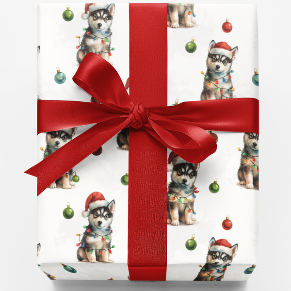 Santa Hat Dog Gift Wrap Paper, Husky Puppy Christmas Wrapping Paper, Festive Holiday Wrapping Paper Roll, Dog Lover Xmas Gift